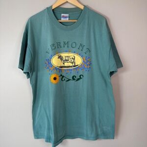 Vintage Hanes Beefy-T Green XL Vermont Cow Sunflower Graphic T-Shirt USA